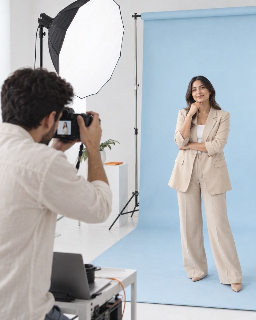 Sesión de retrato editorial en estudio con fondo azul pastel