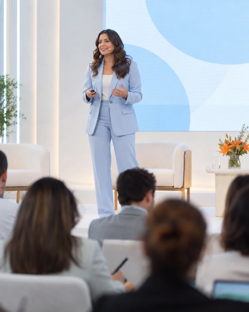 Conferencista presentando ante un auditorio corporativo