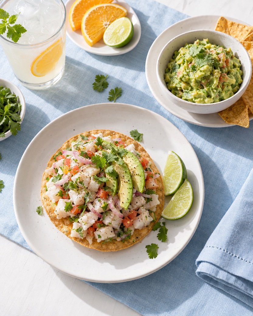 Tostada de ceviche con aguacate sobre mantel azul
