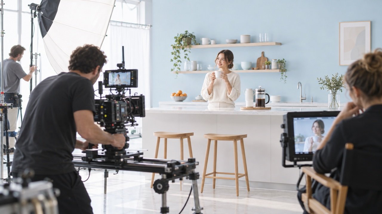 Set de rodaje de un comercial en una cocina con cámara de cine