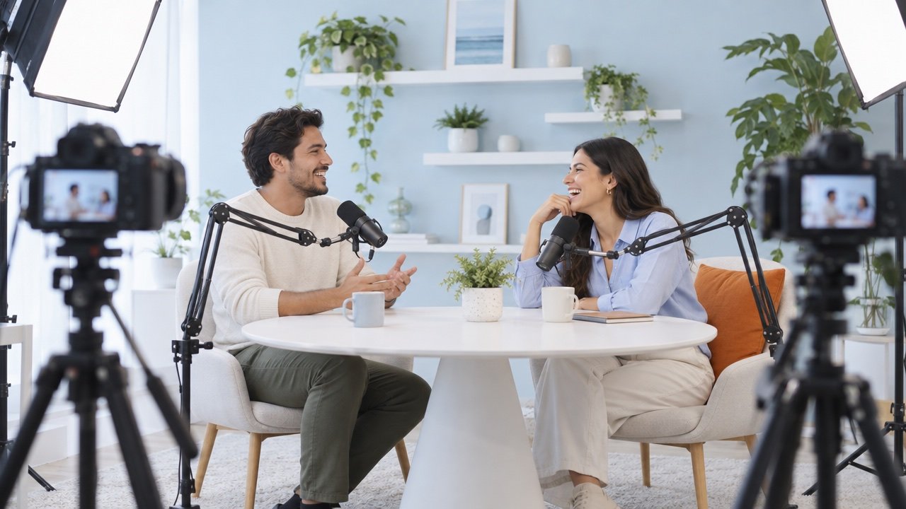 Grabación de un podcast con dos cámaras y micrófonos profesionales