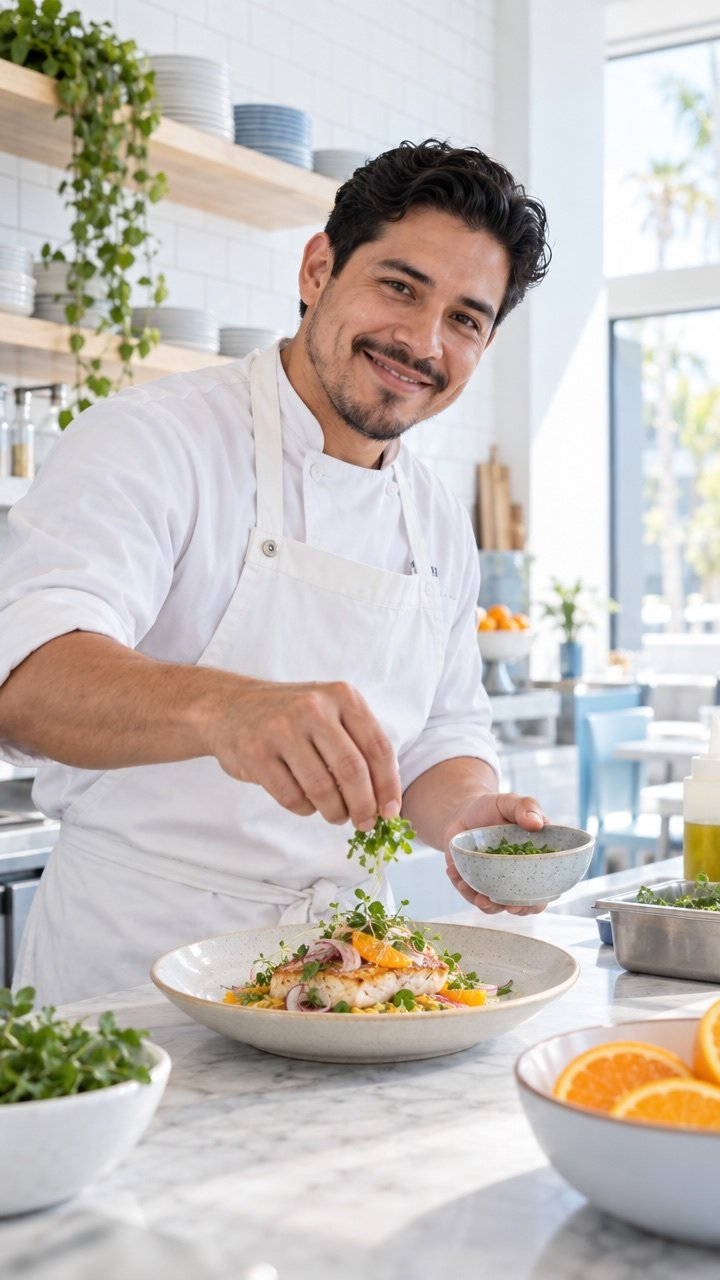 Chef emplatando en la cocina de un restaurante